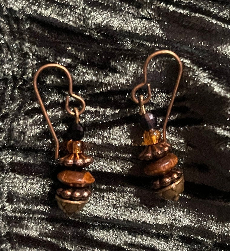 Ancient Handmade small dainty delicate hippie boho ancient archaic wooden bronze bead stone crystal earrings for gypsy heirloom travelers